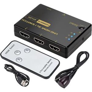 4K 60Hz HDMI Switch 3 in 1 Out -Ultra HD HDMI Switcher Selector with Remote 3 Port Switcher Selector Box Support 3D CEC HDR HDCP2.2 Compatible with Xbox, Fire TV Projector Home Theater