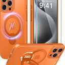 FNTCASE for iPhone 15 Pro-Max Case: [360 Spin Magnetic Stand] [Compatible with Magsafe] [Screen Protector] Translucent Matte Military Grade Shockproof Full Camera Protective Phone Cover - Orange