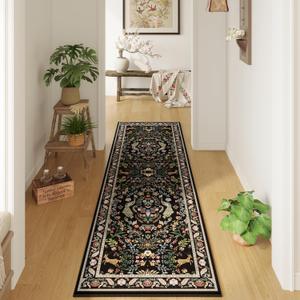 Runner Rug Washable Kitchen Runner 2'x6' Rug Floral Non-Slip for Entryway Indoor Soft Carpet for Hallways, Kitchen, Laundry, Bedroom, Bathroom (Vibrant Black)