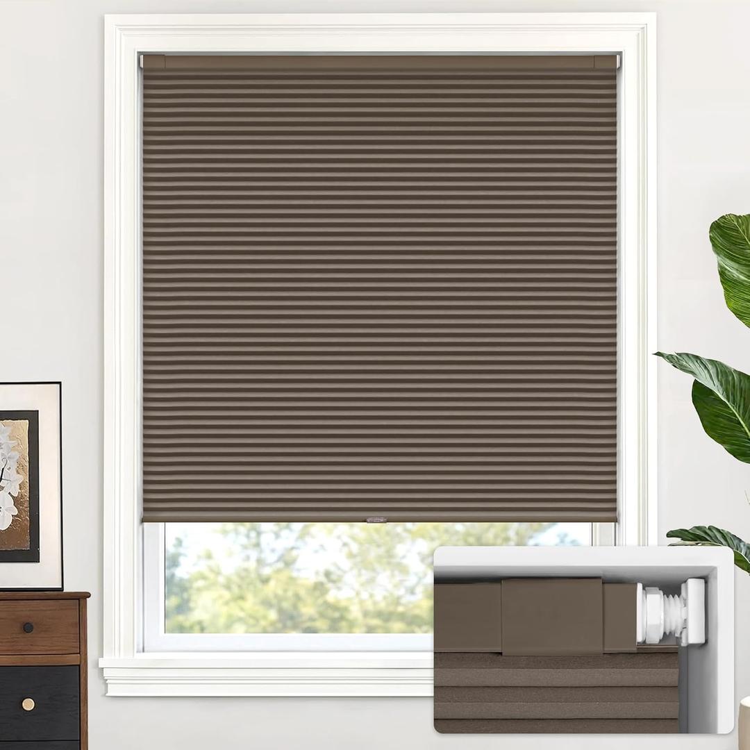LazBlinds Cordless Cellular Shades, No Tools No Drill Blackout Honeycomb Shades Pleated Blinds for Windows, 30 1/2" W x 64" H, Dark Coffee