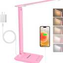 White crown LED Desk Lamp Dimmable Table Lamp Reading Lamp with USB Charging Port, 5 Lighting Modes, Sensitive Control, 30/60 Minutes Timer (Pink, First-Generation)
