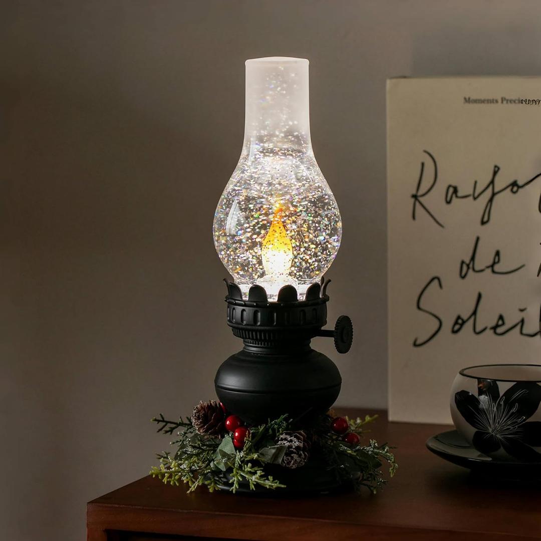 Vintage LED Hurricane Lantern with Flickering Flame & Snow Globe Effect - Decorative Candle Lantern for Home, Living Room, Dining Table, Fireplace Mantle | Christmas Thanksgiving Holiday Decor