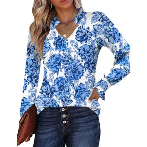 Kistore Long Sleeve Shirts for Women Pleated Cuffs Dressy Business Casual Blouses 2025 Trendy Puff V Neck Tunic Tops (Blue, S)