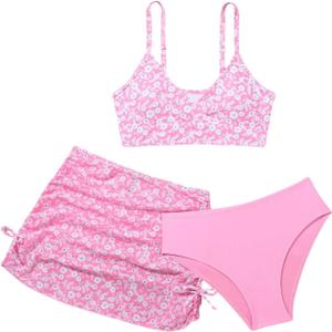 QJQ Girl's 3 Piece Floral Swimsuit Cute V Neck Bikini Set High Waisted Bathing Suit Sheer Mesh Cover Up Skirt (Pink), 16 Years