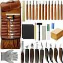 44 Pcs Wood Carving Tools Kit with Leather Case Complete Whittling Set Includes Knives Chisels Gloves Sharpening Stone for Beginners DIY Enthusiasts