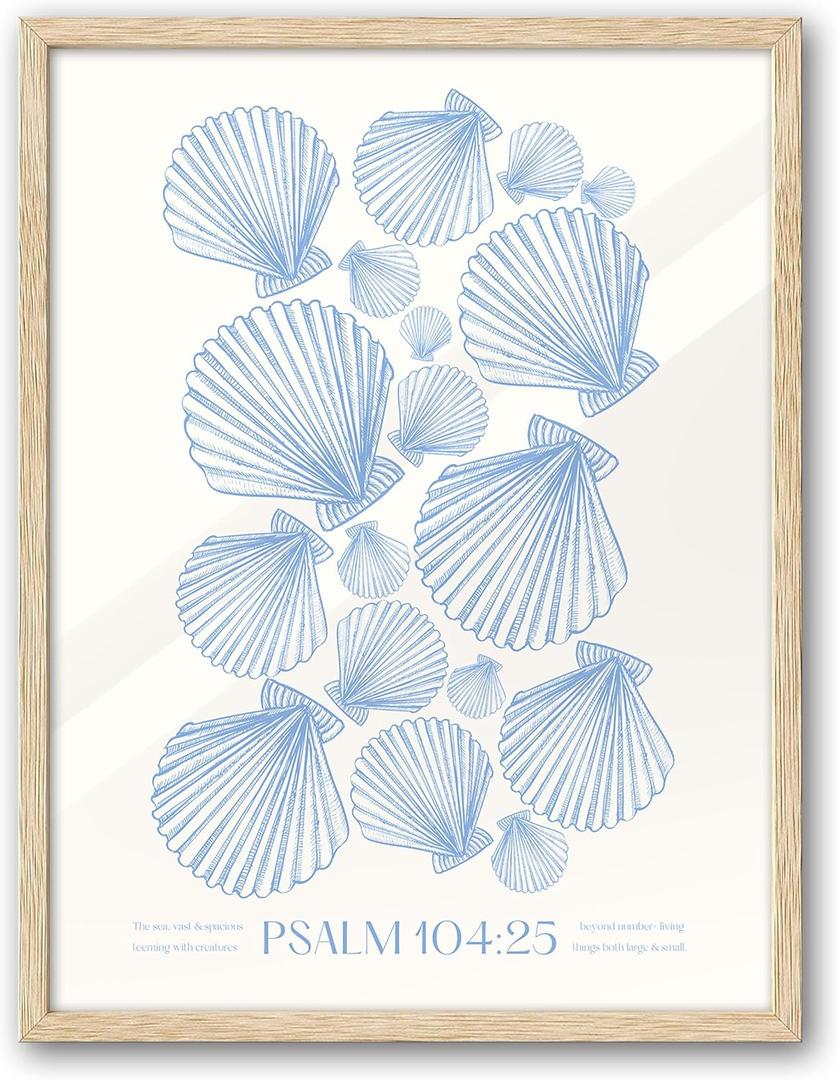 EcoHest Christian Bible Verse Framed Wall Art, Large 16x20in OAK Wood Trendy Seashell Nautical Scripture Quote Canvas Wall Art, Psalm 104:25 Home Decor, Beige Logs Set of 1 for Bedroom Living Room