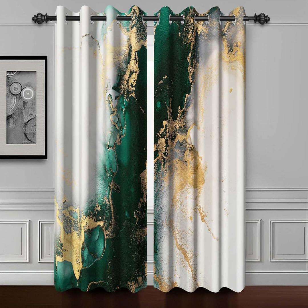 Baocicco Green Gold Marble Window Curtains for Bedroom Art Fluid Golden Texture Marble Window Drapes for Living Room Modern Luxury Gold Crack Design Grommets Blackout Curtain 2 Panels 21x72 Inch