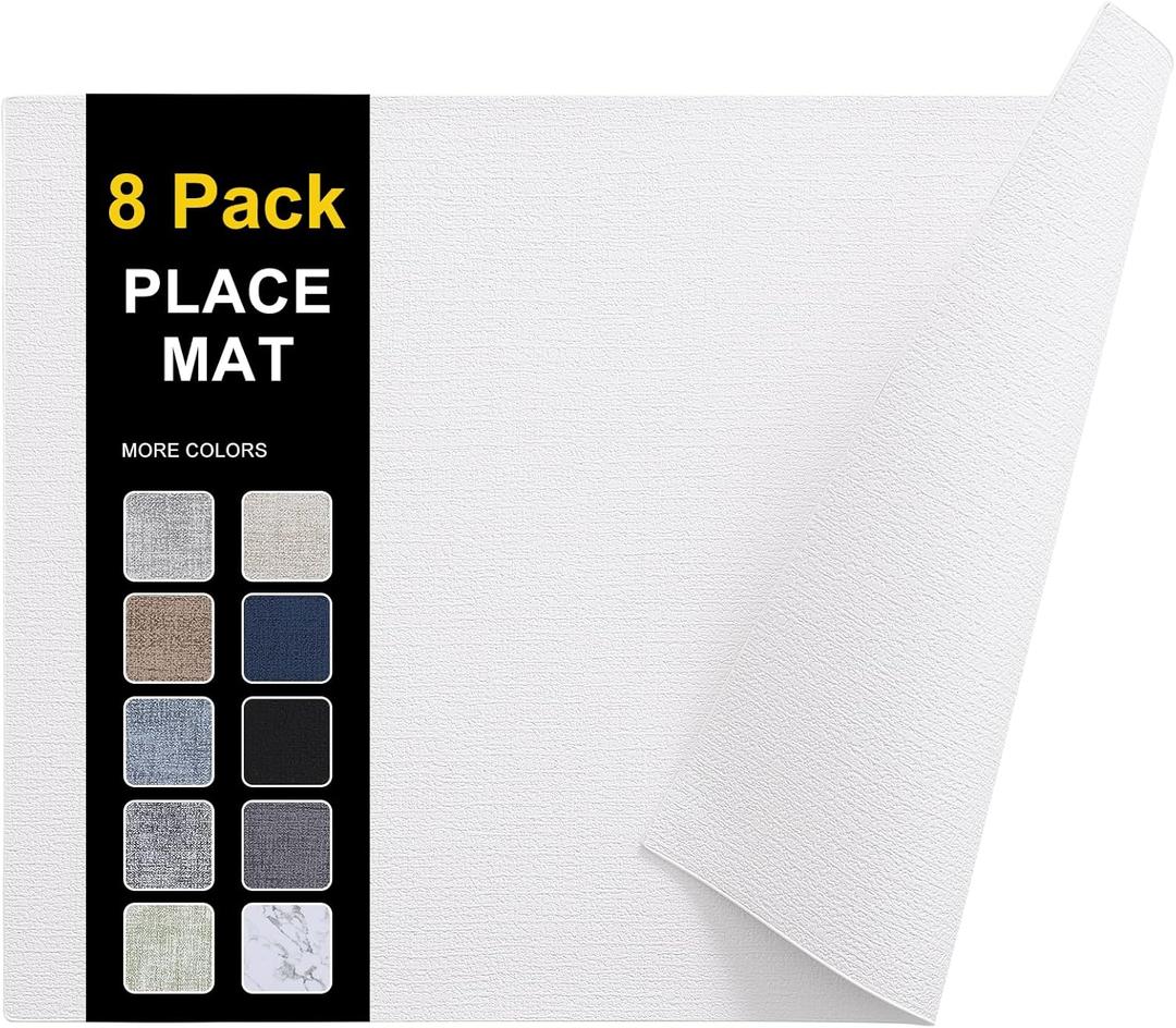 homing Faux Leather Heat Resistant Placemats 8 Packs, Waterproof Wipeable Dining PU Place Mats for Indoor & Outdoor, Easy to Clean, White
