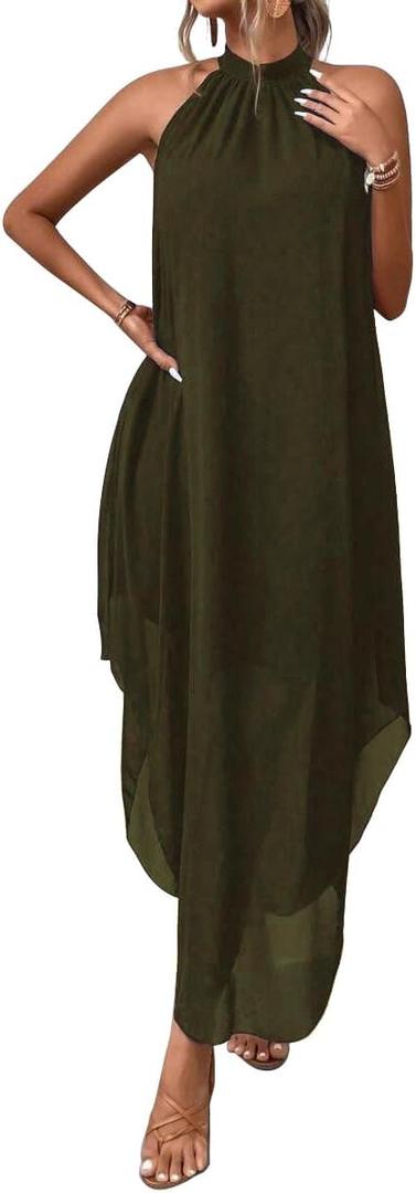 SKAYS Women's Elegant Halter Neck Dress High End Sleeveless Cocktail Party Dress Summer Flowy Wedding Guest Long Dress (Green, M)