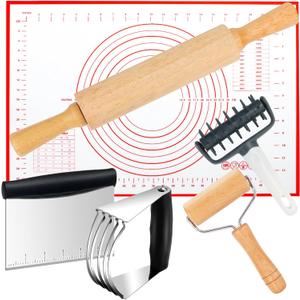 Wooden Rolling Pins for Baking, Small Dough Roller with Handle, Stainless Steel Pastry Blender Set with Pizza Dough Roller Docker, Pastry Cutter, Dough Cutter, Baking Mat, for Home Kitchen Cooking (6 Piece)