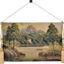 Vintage Nature Tapestry Wall Hanging Set with Telescopic Rod & Tassels - Jacquard Woven Fabric Aesthetic Country Landscape Wall Tapestry for Bedroom/Living Room Decor Green Art (42"x27") (Earthy - greens, lake scene with boat and hills)