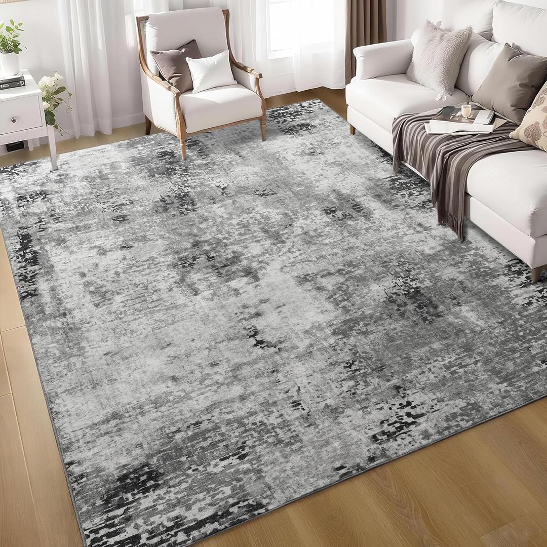 Living Room Rug 7x10 Gray Area Rugs Machine Washable Abstract Boho Large Rug Non-Slip Non-Shedding Faux Wool Indoor Vintage Carpet for Bedroom, Classroom, Dining Room, Kids Playroom (Grey)