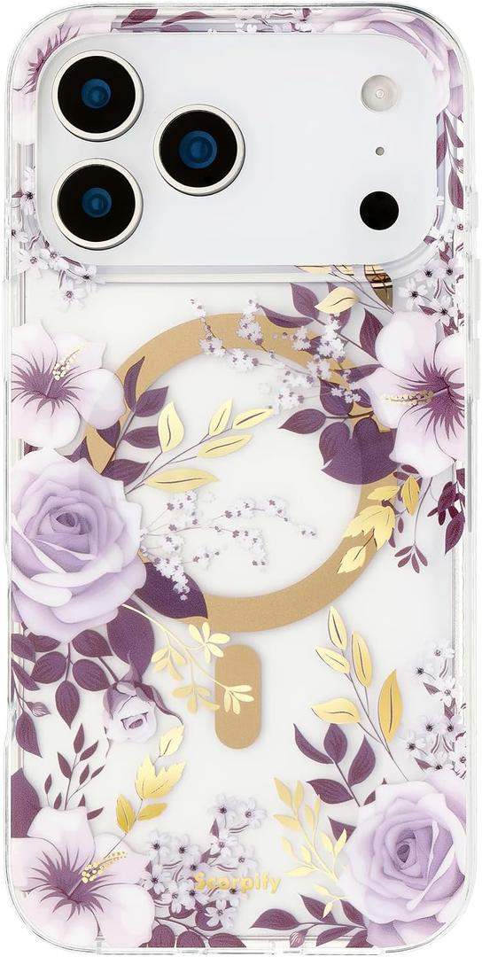 SCORPIFY for iPhone 17 Pro Case [Compatible with MagSafe] with Purple Hibiscus and Rose Floral Design, Cute Clear Flower Magnetic Phone Cover for Women Girls, Shockproof Bumper with Gold Accents