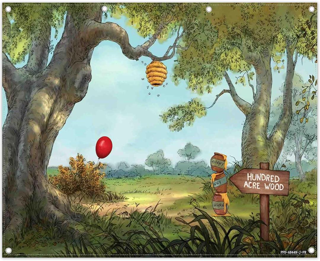 2D Digital Print 9.8x8ft Polyester Fabric Hunny Cartoon Spring Forest Indoor Hand-Painted Blurred Style Photography Backdrop Sweet Honey Bear Background Acre Red Balloon Tapestry Props  2D Digital Print 9.8x8ft Polyester Fabric Hunny Cartoon Spring Forest Indoor Hand-Painted Blurred Style Photography Backdrop Sweet Honey Bear Background Acre Red Balloon Tapestry Props