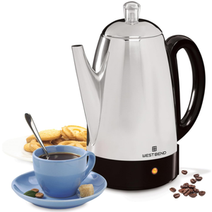 West Bend Electric Percolator Classic Style Coffee Maker with Heat Resistant Handle Base and Detachable Cord with Stainless Steel Stem and Basket, 12-Cup, Silver