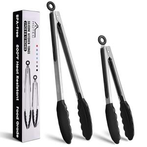 HOTEC Premium Stainless Steel Locking Kitchen Tongs with Silicon Tips, Set of 2-9" and 12"