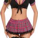 Lidogirl Women Tie-Front Crop Top And Lace Trim Plaid Skirt Set With Stockings XS-2XL (Small, Black)