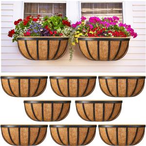 8 Sets 16 Inch Window Deck Railing Planters Boxes with Coconut Liner Outdoor Wall Planter for Plants Balcony Metal Hanging Flower Bracket Basket for Fence, Porch, Patio Decoration