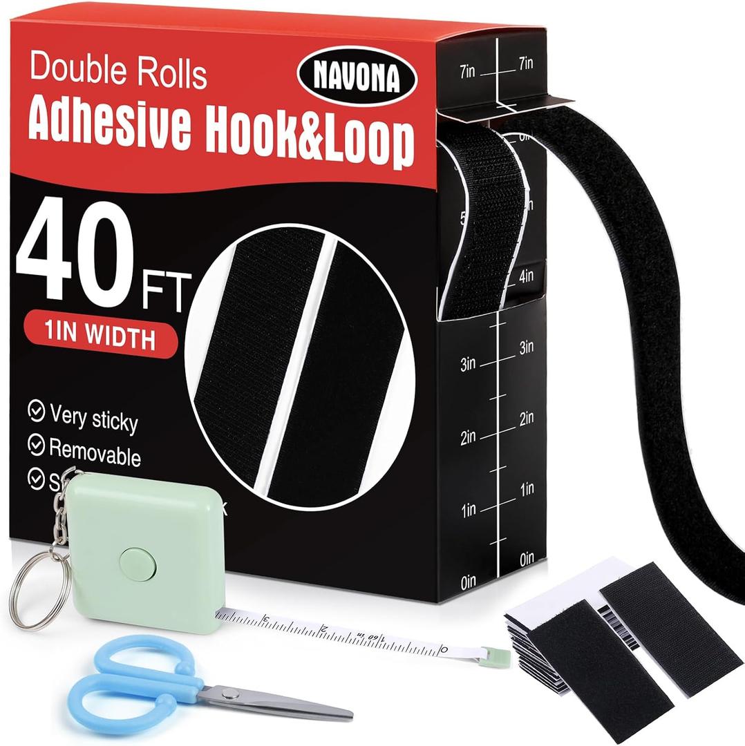 Navona 40Ft x 1Inch Hook and Loop Strips with Adhesive, Heavy Duty Self Adhesive Tape with Back, Strong Sticky Back Fastener Roll for Home, Office, School, Crafting, Black