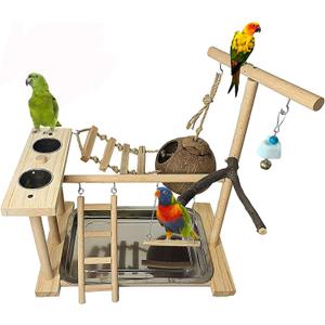 Parrots Playground Bird Play Stand Natural Wood Parrot Perch Gym Playpen Parakeet Nest with Feeder Cups Ladders Lovebirds Cage Accessories Toy Exercise Activity Center for Conure Cockatiel Lovebirds