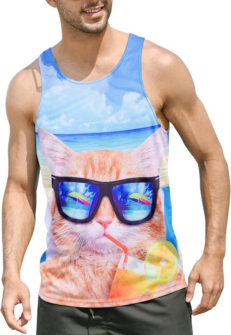 Goodstoworld Mens 3D Tank Top Novelty Graphic Breathable Quick Dry Sleeveless Beach Shirt  (Medium, Cat-2)