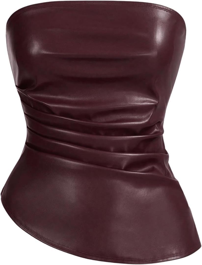 SOLY HUX Women's PU Leather Tube Top Strapless Ruched Asymmetrical Bandeau Tops Rave Concert Outfit, XS