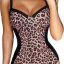 RXRXCOCO Women Slimming Tummy Control One Piece Swimsuits V Neck Crisscross Back Bathing Suit (XL, Black and Leopard)