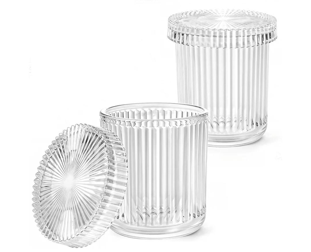 Clear Qtip Holder Dispenser Set - Vintage Bathroom Vanity Organizer for Cotton Swabs, Balls, Pads, Floss Picks - Modern Farmhouse Decor