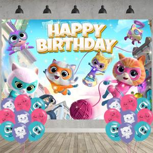 Super Cat Birthday Party Decoration,Kitties Party Photo Background 5 x 3 FT and 18 Pcs Balloon,Cat Merch Party Backdrop Supplies