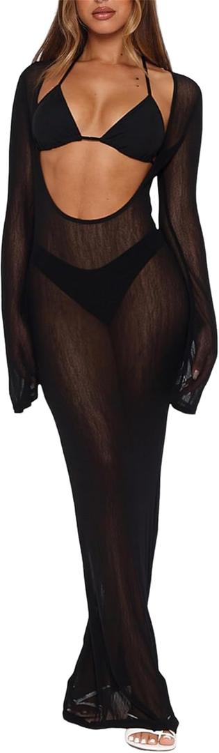 3 Piece Swimsuits for Women Sexy Halter Triangle Thong Bikini Sets with Sheer Mesh Beach Cover Up Dress Vacation Outfits (Black, XS)