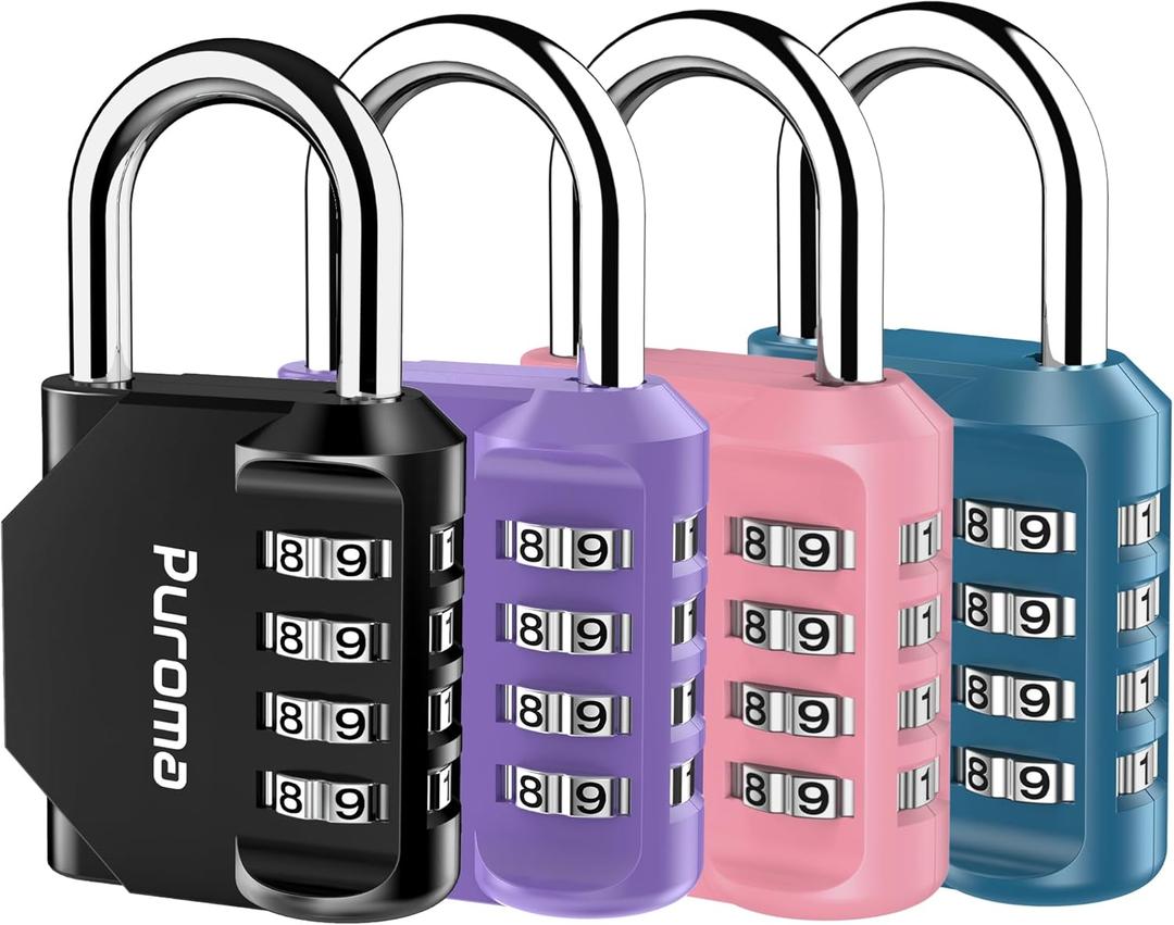 Puroma 4 Pack Combination Lock Multicolor for Locker 4 Digit Outdoor Waterproof Padlock for School, Gym, Sports, Fence, Toolbox, Gate, Case, Outdoor, Hasp Storage (Black, Purple, Pink, Peacock Blue)