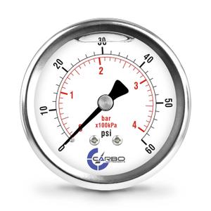 2 1-2" Pressure Gauge, Stainless Steel Case, Chrome Plated Brass Connection, Liquid Filled, 0-60 psi/kPa, Back Mount 1/4" NPT