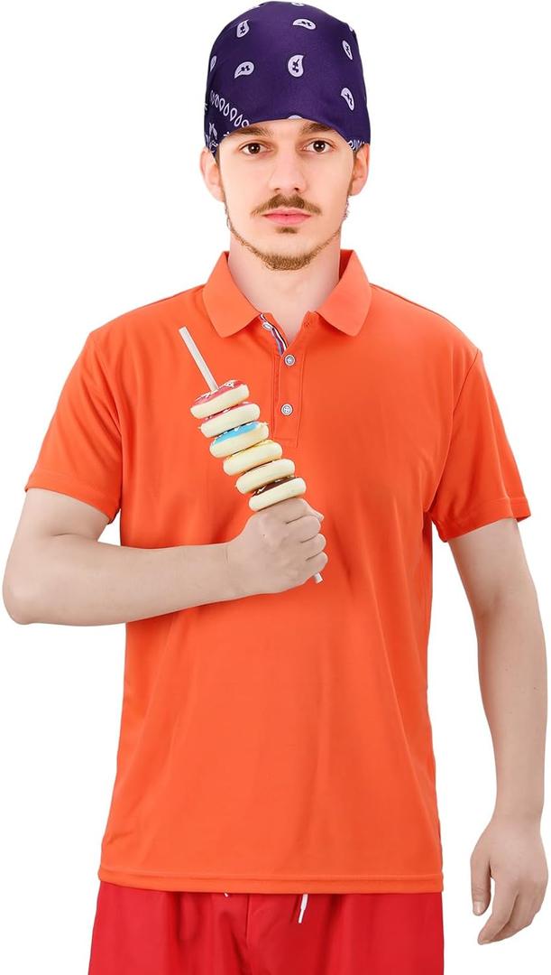 Mepase Costume Adult Men Halloween Outfit Funny with 6 Donut Props, Orange Shirt, Purple Bandana & Stick, Funny Cosplay Suit for Halloween, Theme Parties, Stage Plays & Gifts