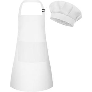 Kids Apron and Chef Hat Set Adjustable Child Art Aprons with 2 Pockets Toddler Chef Hat and Apron for Cooking Baking Painting (White)