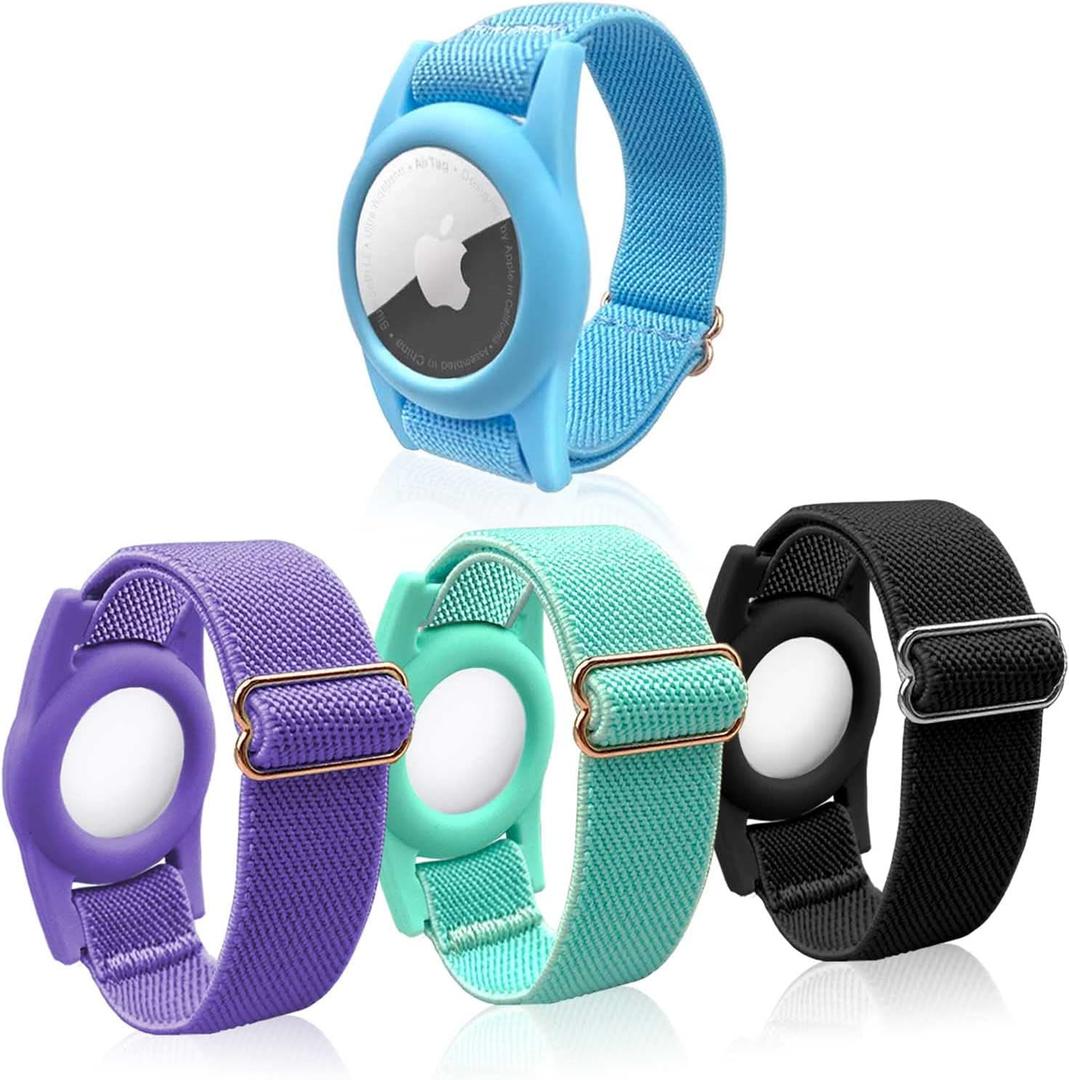 ThingsBag 4 Pack Kids Bracelet for AirTag, Holder with Adjustable Stretchy Nylon Watch Band, Anti-Lost for Apple Air Tag Case Loop for Child, Toddler, Wallet, AirTag Wristband Kids (Colorful) (Multi-Colored)