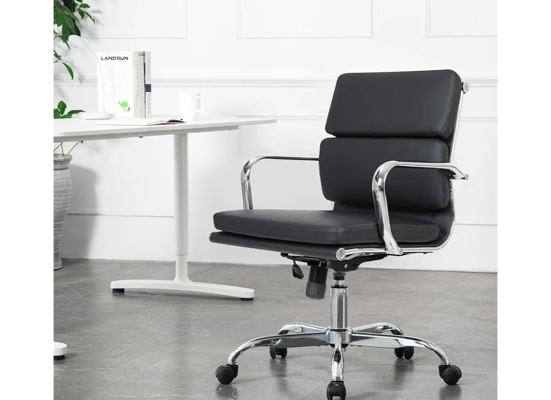 LANDSUN Executive Mid-Back Home Office Swivel Desk Chair with Armrests and Wheels - Faux Leather Soft Padded Seat Upholstered Ergonomic Computer Chair - Black