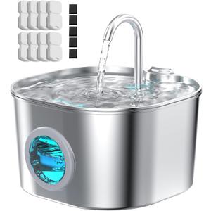 Cat Water Fountain with 8 Filters + 5 Sponges,Small Pet Waterer Dispenser Fountains for Drinking Cats Indoor Metal Automatic Waterer Bowl 24/7 Running Auto Kitty Watering Supplies Quiet Pump