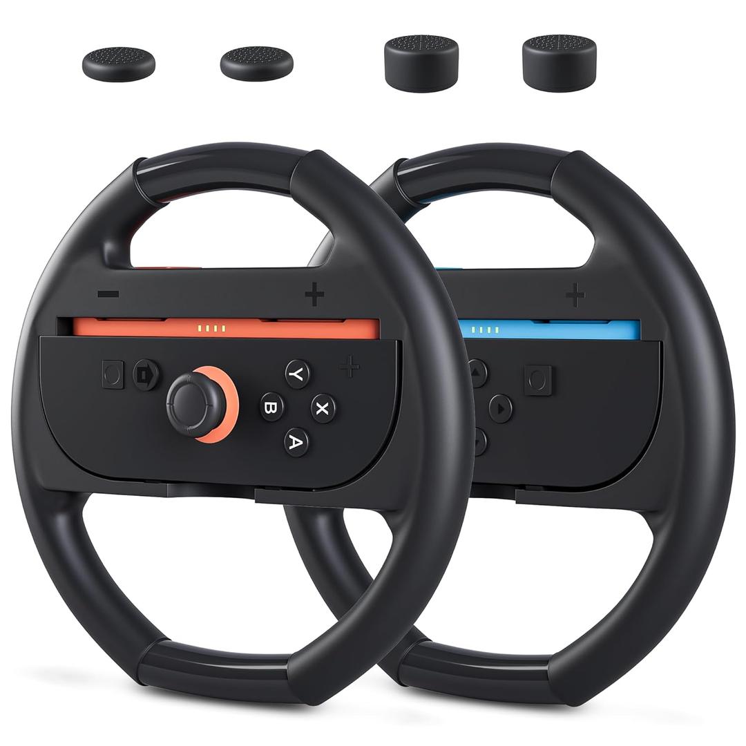 GLDRAM Steering Wheel for Nintendo Switch 2 Joycon (2025), Motion Control Racing Wheel with 4 Thumb Grips for Mario Kart World & 8 Deluxe, Racing Games Accessories with Ergonomic Design - 2pc Black