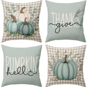 BBOLDIN Fall Thanksgiving Throw Pillow Covers 18x18, Fall Plaid Blue Teal Turquoise Pumpkin Pillow Cases Set of 4, Halloween Autumn Cushion Covers Decorations for Home Porch Bedroom