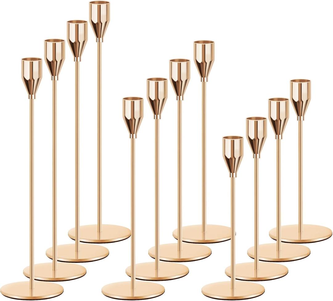 Gold Candle Holders for Taper Candles, FODIENS Set of 12 Metal Candlestick Holders, Decorative Tapered Candle Stick Holder for Wedding Dinning Anniversary Party Table Centerpiece (Gold)