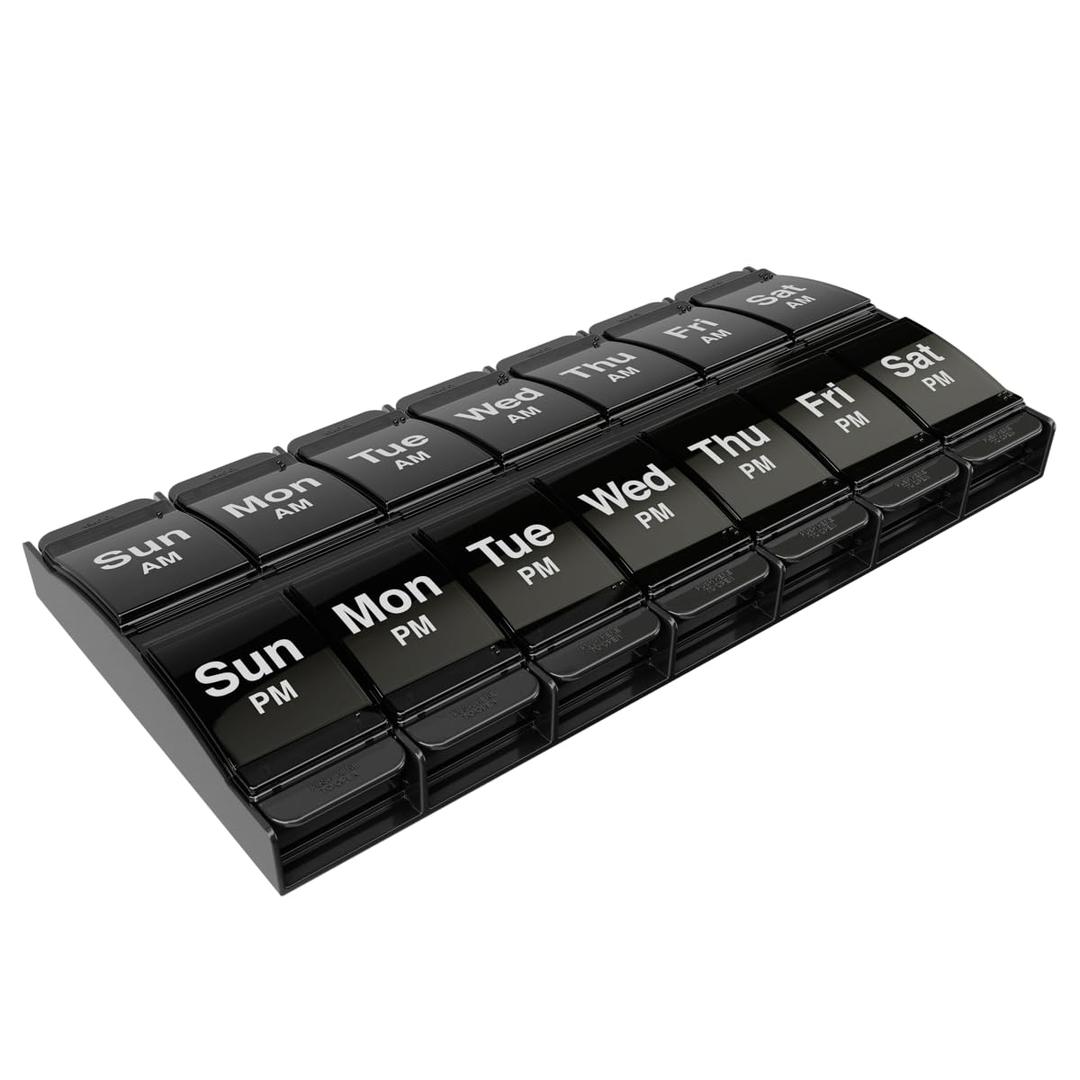 EZY DOSE Push Button (7-Day) Pill Case, Medicine Planner, Vitamin Organizer, 2 Times a Day, AM/PM Container, X-Large Compartments, Arthritis Friendly, Easy to Use, Transparent Lids, Black, BPA Free