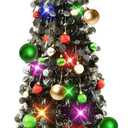 N&T NIETING Pop Up Black Tinsel Christmas Tree, 5Ft Collapsible with Lights & 30 Balls, Skinny Christmas Tree Decor for Holiday Xmas Home Office