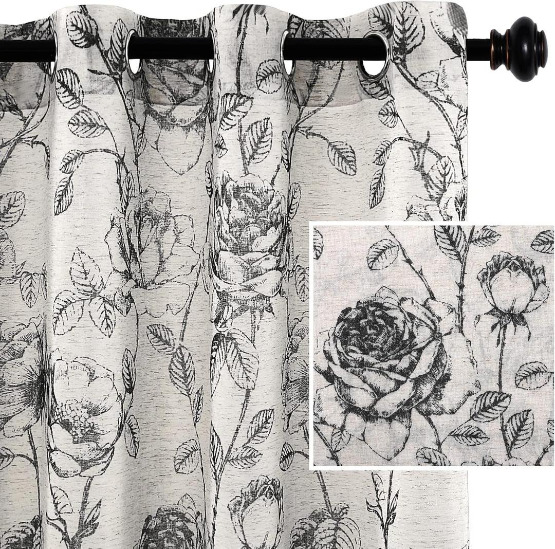 H.VERSAILTEX Boho Floral Linen Curtains, Semi Sheer Light Filtering Curtains, Drapes 84 Inch Length 2 Panels Set, Grommet Top Farmhouse Vintage Curtain, Print Pattern Treatments for Bedroom, Black
