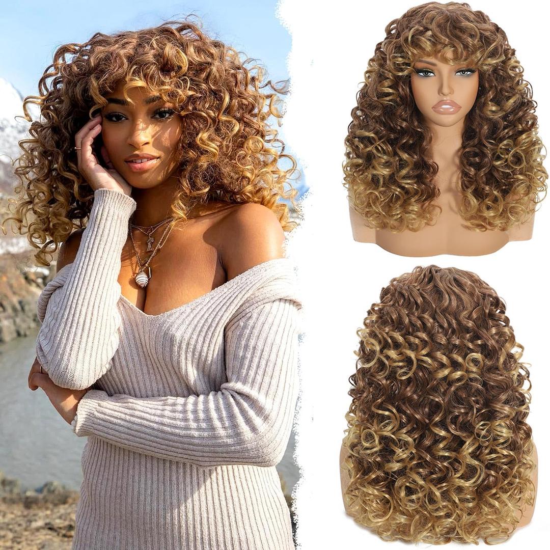 Curly Afro Wig for Black Women Curly Wigs with Bangs 18 Inch Long Curly Afro Synthetic Wig for Cosplay and Daily(Ombre Blonde)