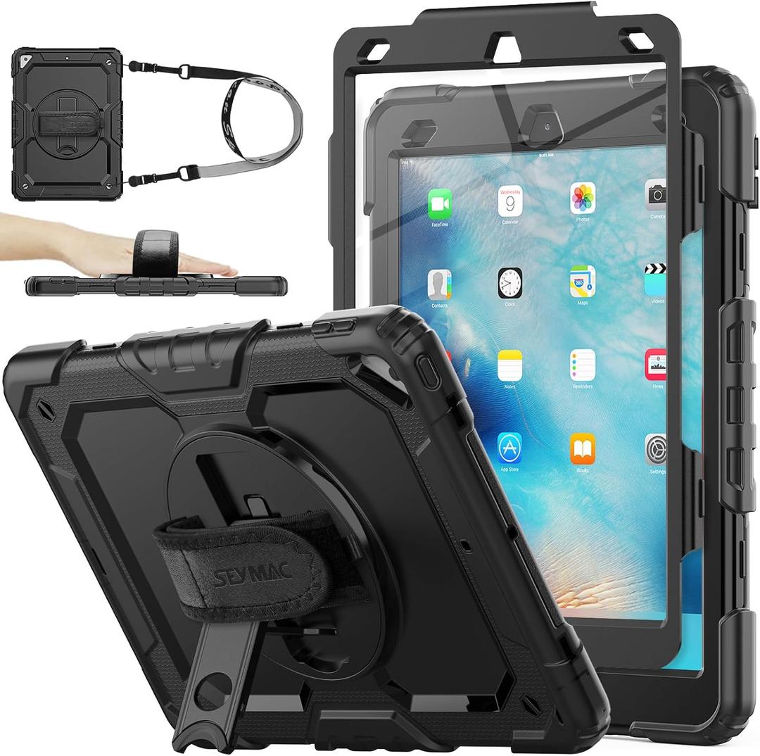 SEYMAC stock Case for iPad Air 3 2019 / Pro 10.5'' with Screen Protector Pen Holder [360 Rotate Hand Strap/Stand], Drop-Proof Case (Black)