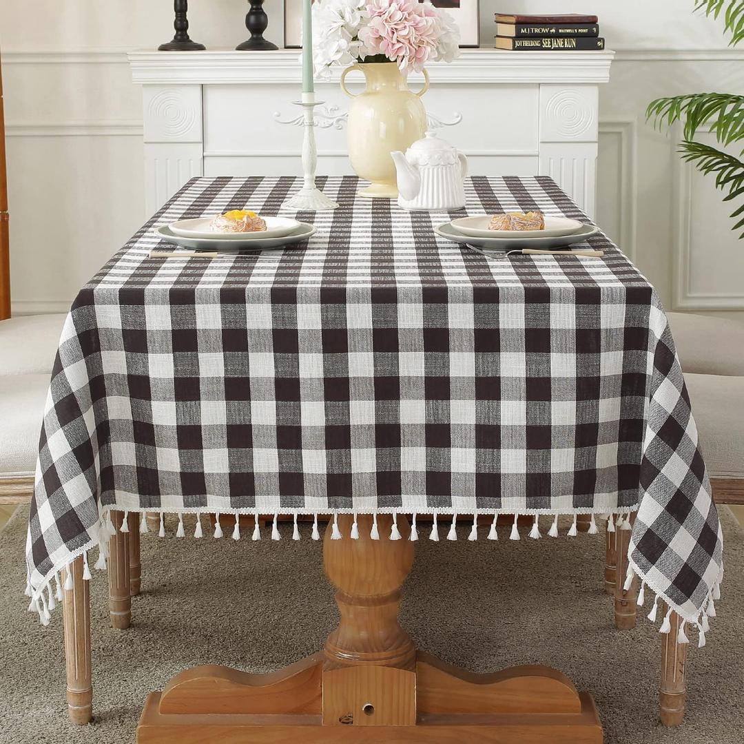 Laolitou Checkered Tablecloth Rectangle Washable Buffalo Plaid Halloween Table Cloth with Tassel Cotton Linen Gingham Table Cover for Picnic Kitchen Dining Room, Black and White, 102 Inch, 102" x 55"