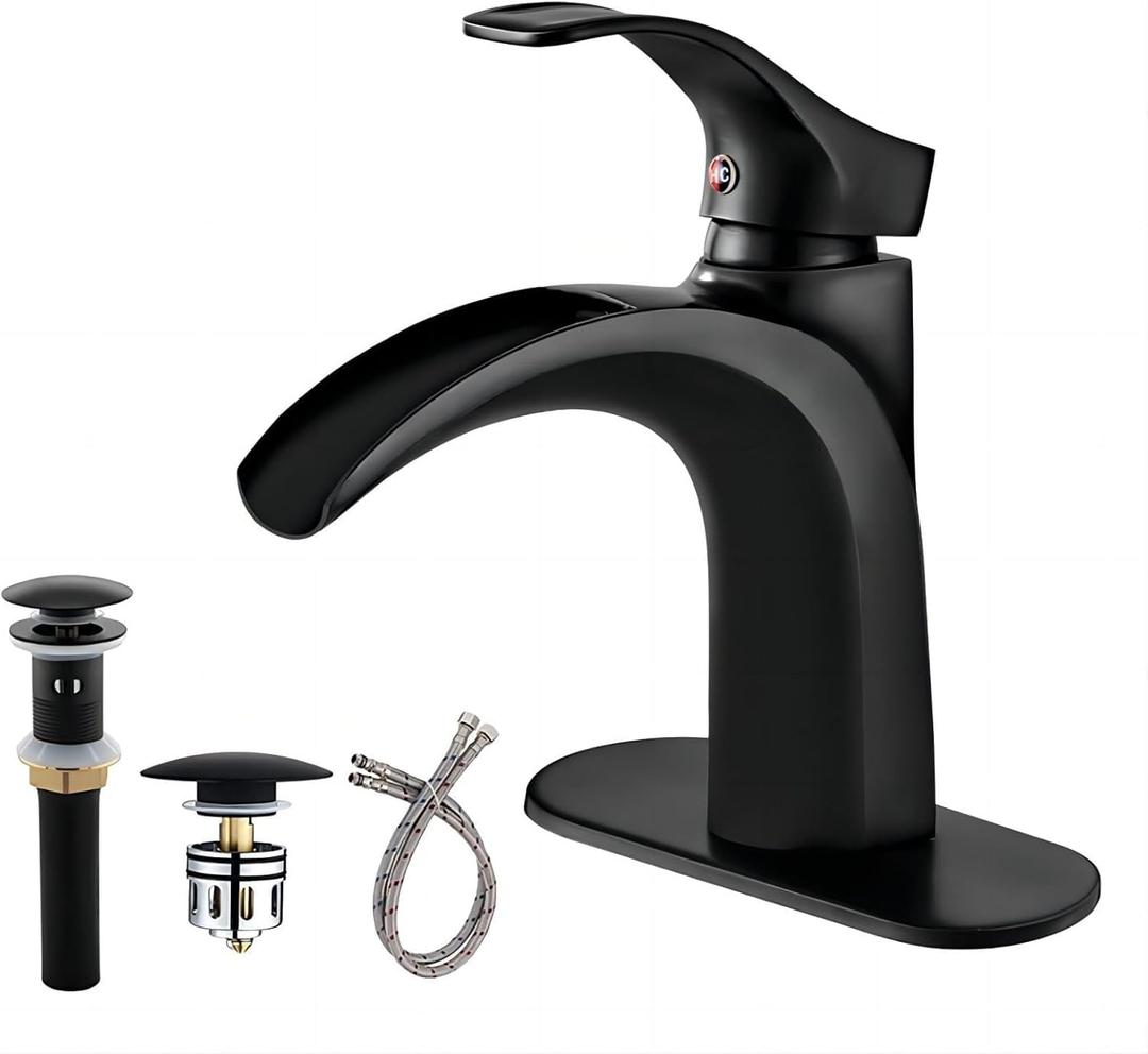 Matte Black Bathroom Sink Faucet Waterfall - Single Handle Vantiy Faucet 1 or 3 Holes 4 inch with Pop up Drain