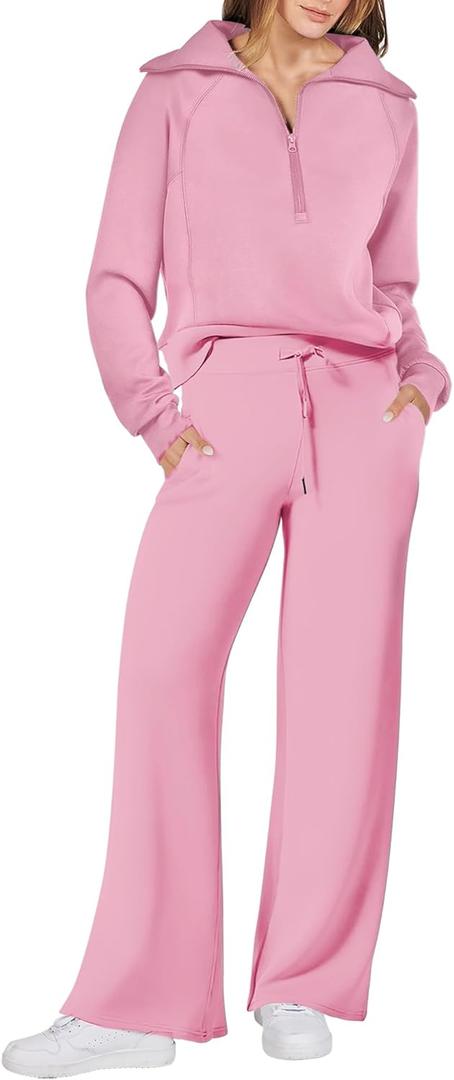 ANRABESS Women 2 Piece Outfits 2025 Fall Fashion Airport Wide Leg Pants Lounge Set Leisure Travel Vacation Clothes Sweatsuits (X-Large, Pink)