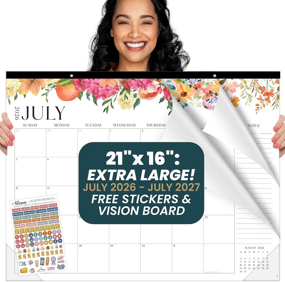 bloom daily planners Desk Calendar 2026-2027 - Academic Year Large Wall Calendar (July 2026 - July 2027) - 21” x 16” Desktop & Hanging Monthly Planner with Stickers for Home or Office - Seasonal Florals