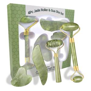4-Piece Set Jade Roller and Gua Sha Set, Face Massager for Anti-Aging, Slimming, Firming / Facial Roller Massager with Gua Sha Shaping Tools / Removes Wrinkles and Eye Puffiness / Gift Set